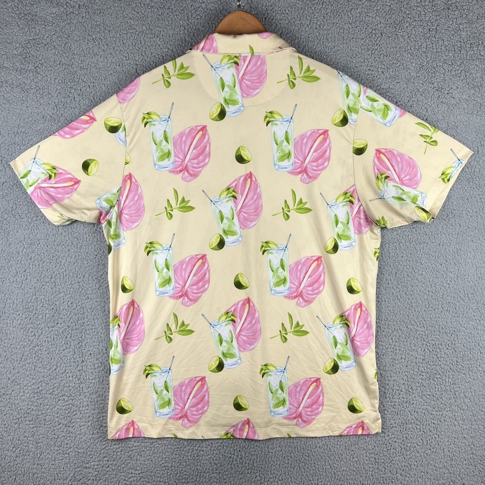 Bad Birdie Polo Shirt Mens XXL Yellow Pink Lime Drink Floral Allover Print S/S - Picture 6 of 12